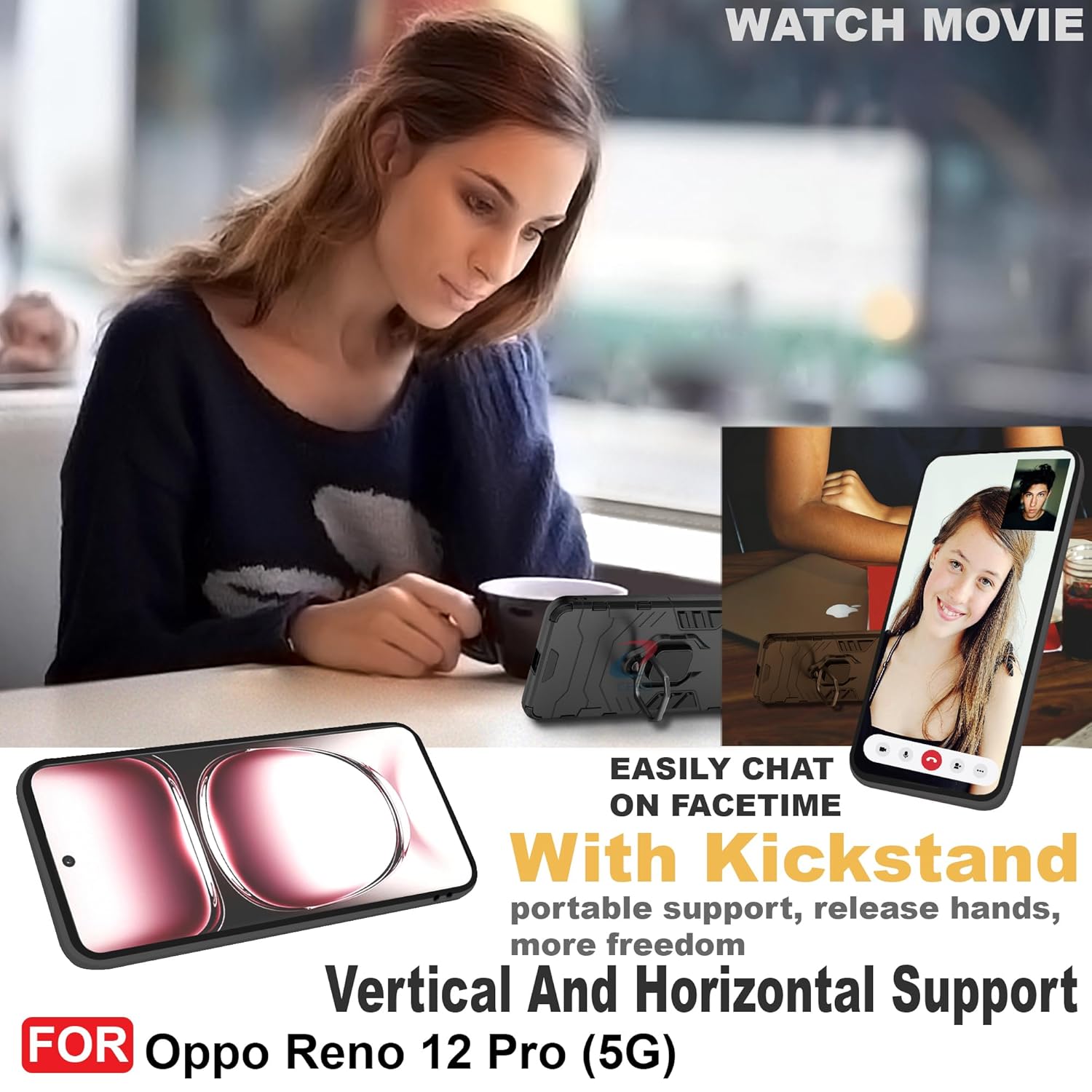 Protect Rugged Oppo Reno 12 Pro (5G) Kickstand Case | Built-in Stand Rotating Ring Holder | Military Grade Armor Bumper Back Cover