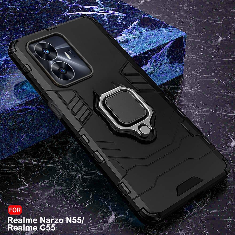 Protect Polycarbonate Tough Armor Bumper Back Case Cover For Realme Narzo C55 |Ring Holder & Kickstand In-Built|360 Degree Protection Back Case