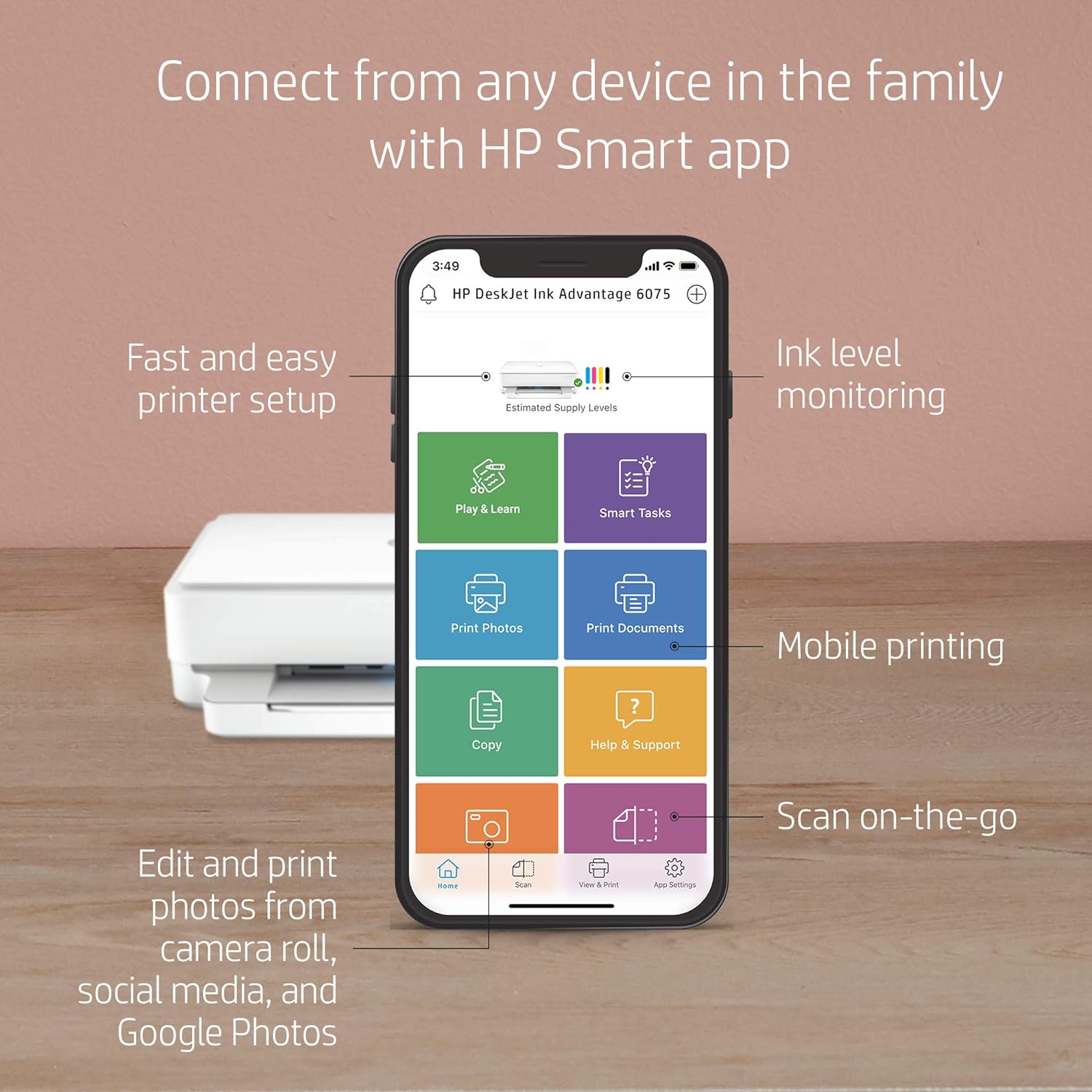 HP DeskJet Plus Ink Advantage 6075 Multi-function WiFi Color Inkjet Printer with Voice Activated Printing Google Assistant and Alexa for Scan, Duplex & Automatic Double-Sided Print (Ink Cartridge)