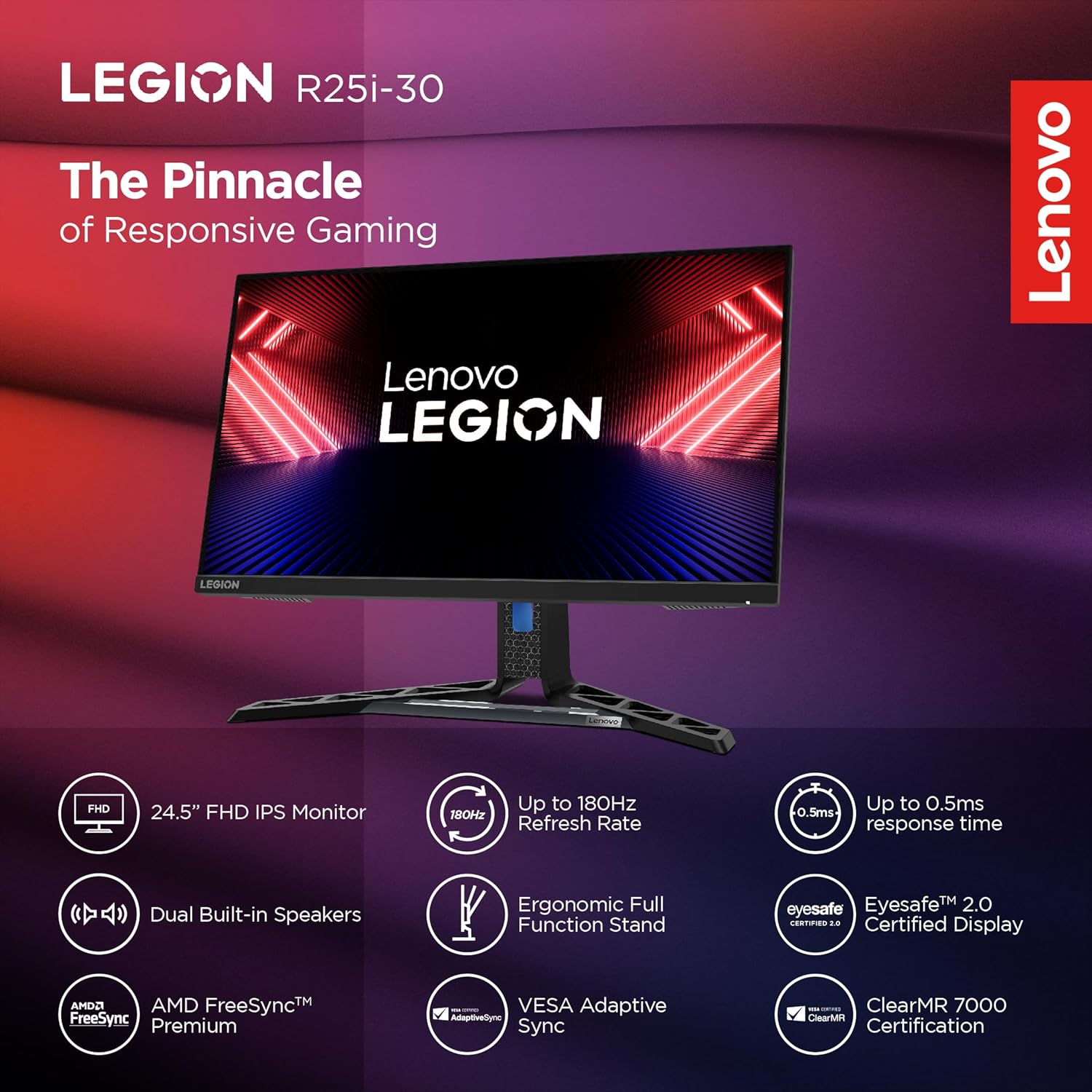 Lenovo R-Series Full HD IPS Panel with 99%sRGB, 90% DCI-P3, 3Wx2 Built-in Speakers, 2xHDMI 2.1,1xDP, Tilt/Swivel/Pivot/Height Adjustable Stand Gaming Monitor