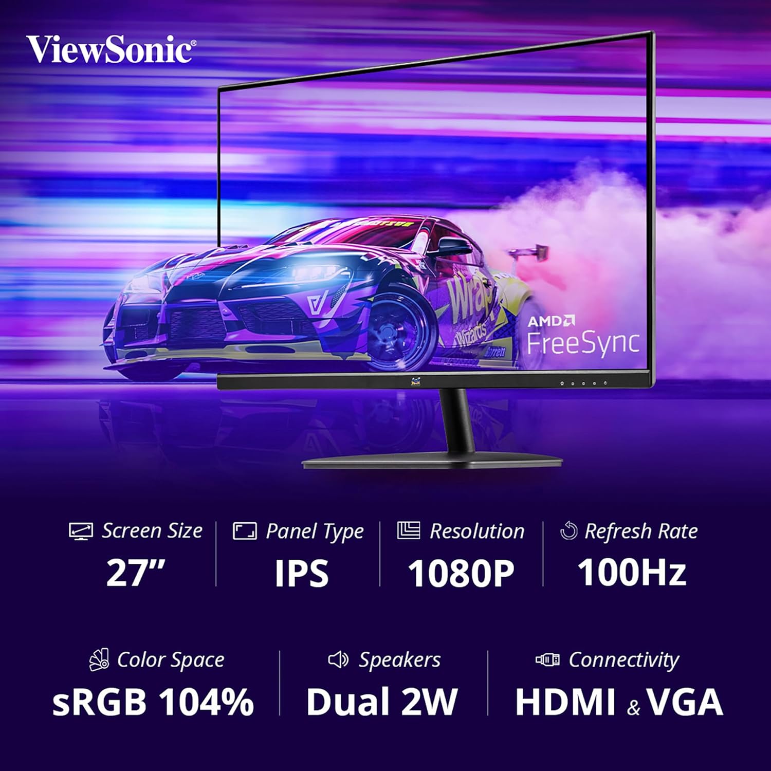 ViewSonic Full HD LED Backlit IPS Panel with 2X2W Inbuilt Speakers, HDMI, VGA, Wall Mount, View Mode, Eye-Care, Flicker Free, sRGB 105%, Bezel Less Monitor