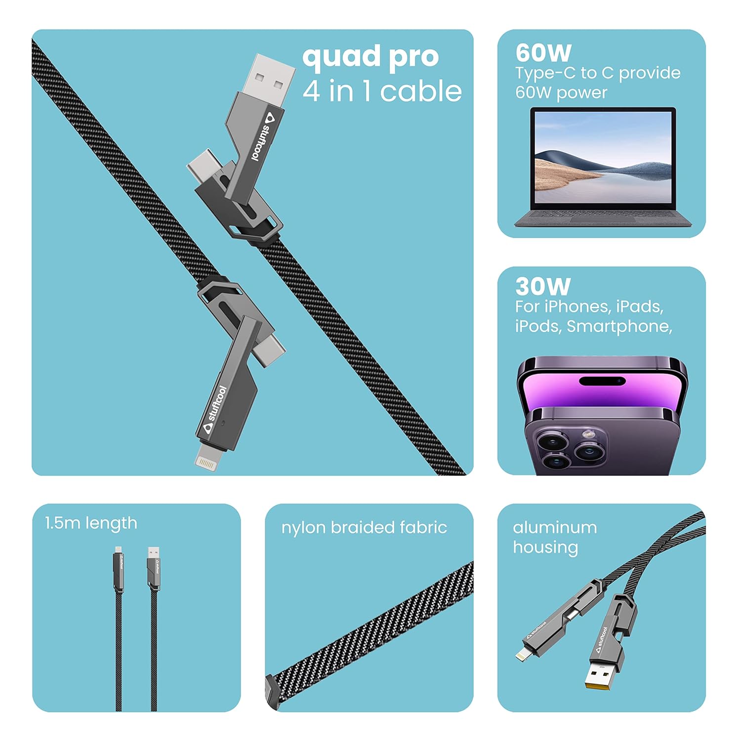 Stuffcool Quad Pro 4 in 1 Metal Flat Braided Indestructible Cable 1.5m 60W Data Cable