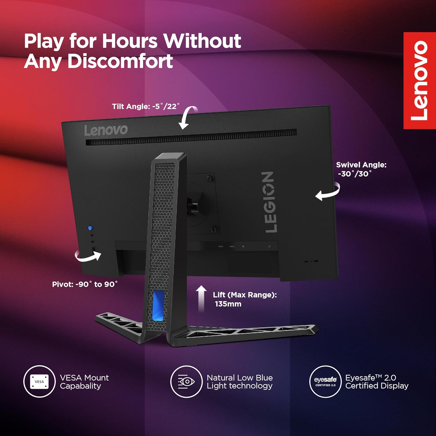 Lenovo R-Series Full HD IPS Panel with 99%sRGB, 90% DCI-P3, 3Wx2 Built-in Speakers, 2xHDMI 2.1,1xDP, Tilt/Swivel/Pivot/Height Adjustable Stand Gaming Monitor