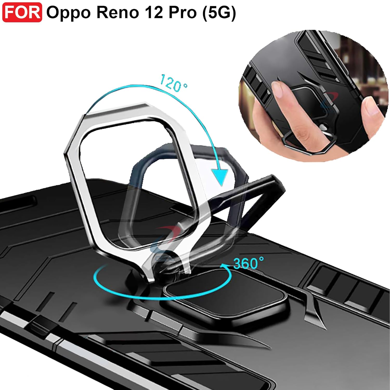 Protect Rugged Oppo Reno 12 Pro (5G) Kickstand Case | Built-in Stand Rotating Ring Holder | Military Grade Armor Bumper Back Cover