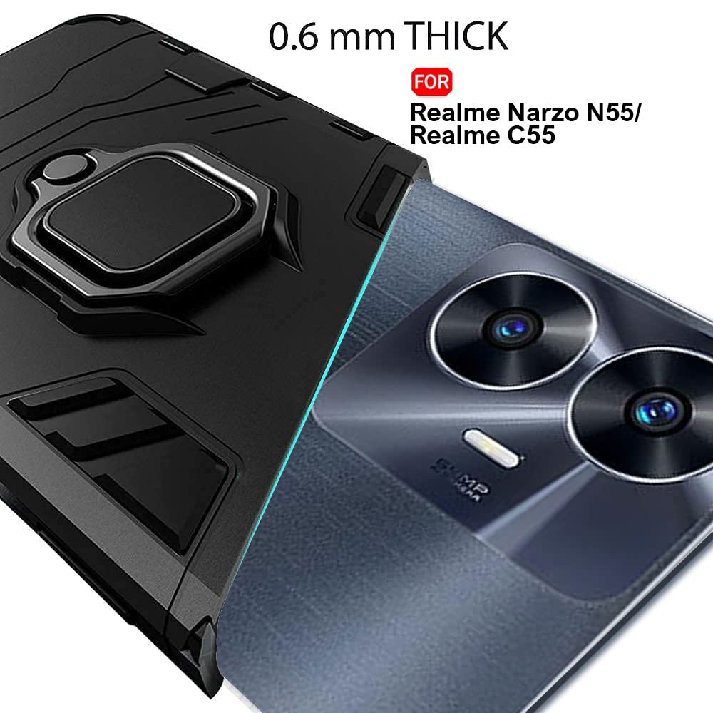 Protect Polycarbonate Tough Armor Bumper Back Case Cover For Realme Narzo C55 |Ring Holder & Kickstand In-Built|360 Degree Protection Back Case