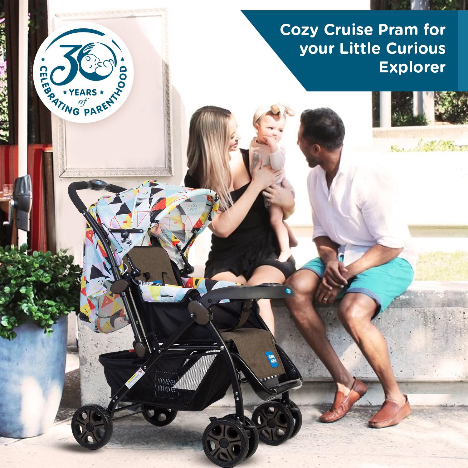 Mee Mee Cozy Cruise Baby Stroller/ Pram | Premium Pram, Easily Foldable with 5 Point Safety Harness, One Hand Fold, Multi Level Recline Cushioned Seat, Canopy & Footrest | Fully Rotating