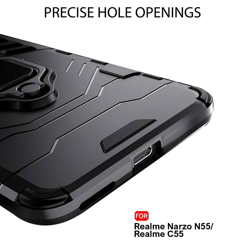 Protect Polycarbonate Tough Armor Bumper Back Case Cover For Realme Narzo C55 |Ring Holder & Kickstand In-Built|360 Degree Protection Back Case