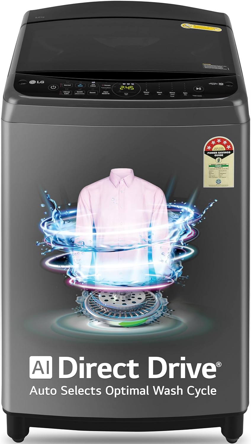 LG 9.0 Kg, 5 Star, AI Direct Drive Technology, Steam Wash for Allergy Removal, Fully-Automatic Top Loading Washing Machine