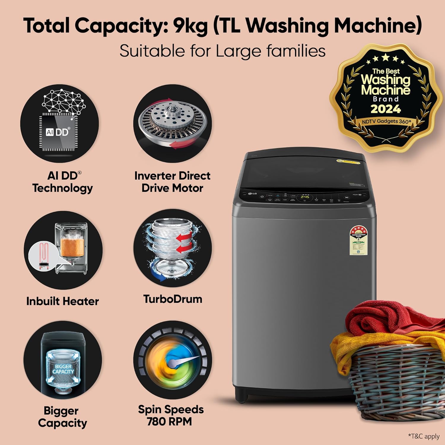LG 9.0 Kg, 5 Star, AI Direct Drive Technology, Steam Wash for Allergy Removal, Fully-Automatic Top Loading Washing Machine