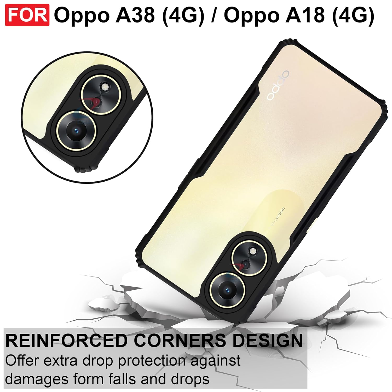 Protect Oppo A38 (4G) & A18 Back Case Cover | Camera Protection Shockproof Bumper-Edge | Acrylic Crystal Clear 360 Degree Protection
