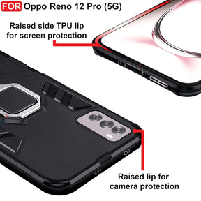 Protect Rugged Oppo Reno 12 Pro (5G) Kickstand Case | Built-in Stand Rotating Ring Holder | Military Grade Armor Bumper Back Cover