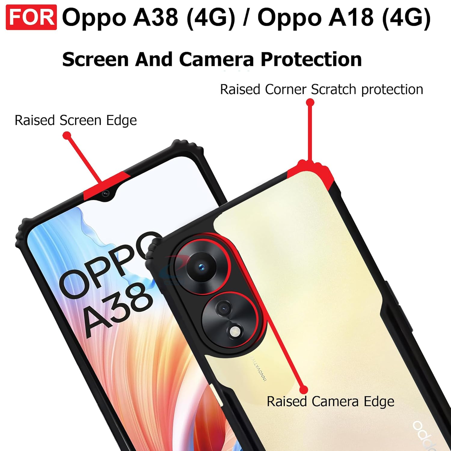 Protect Oppo A38 (4G) & A18 Back Case Cover | Camera Protection Shockproof Bumper-Edge | Acrylic Crystal Clear 360 Degree Protection