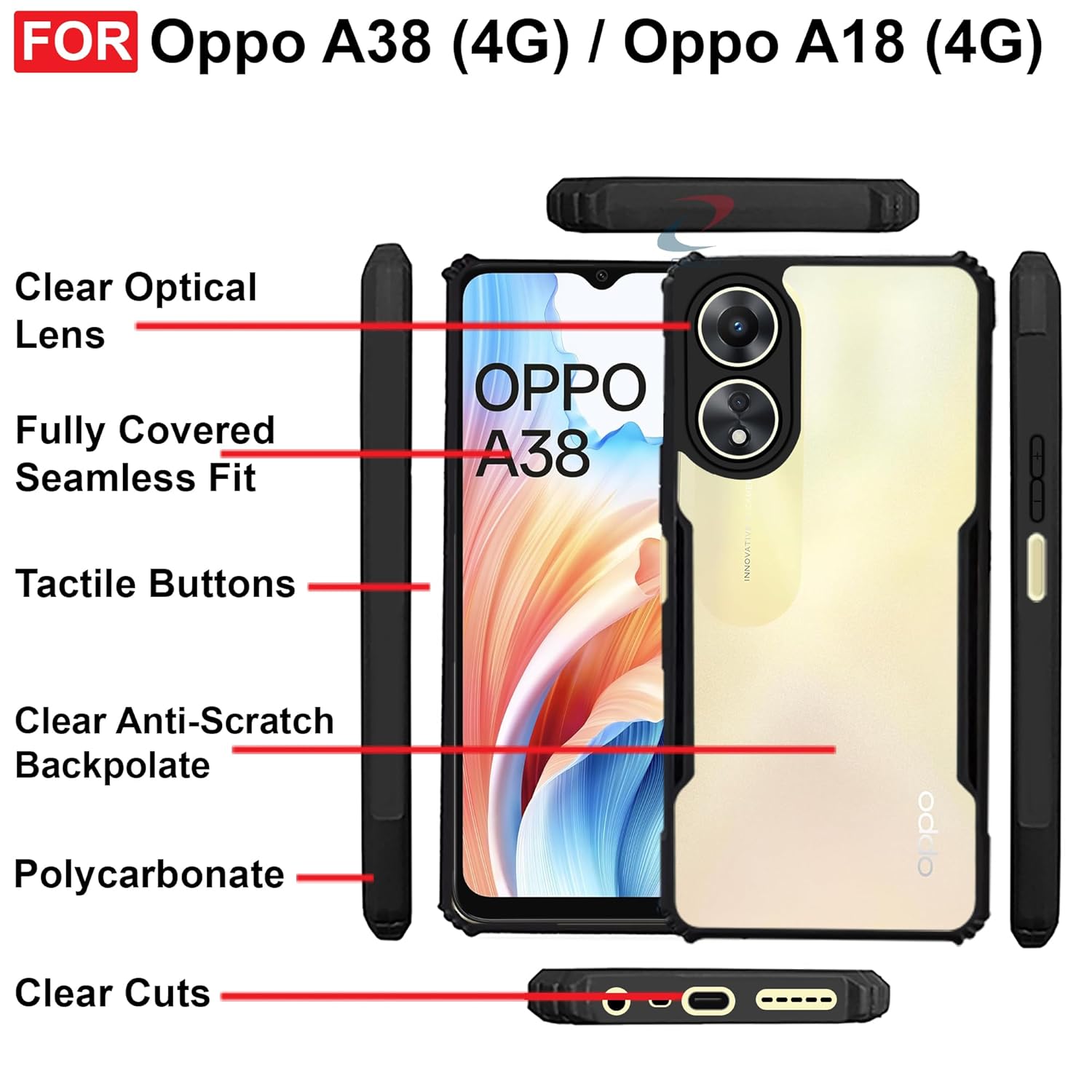Protect Oppo A38 (4G) & A18 Back Case Cover | Camera Protection Shockproof Bumper-Edge | Acrylic Crystal Clear 360 Degree Protection