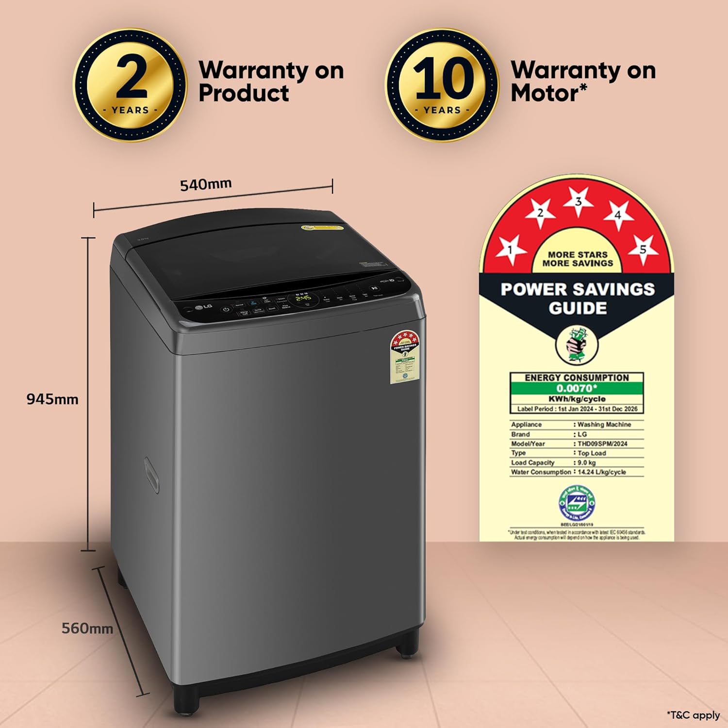 LG 9.0 Kg, 5 Star, AI Direct Drive Technology, Steam Wash for Allergy Removal, Fully-Automatic Top Loading Washing Machine