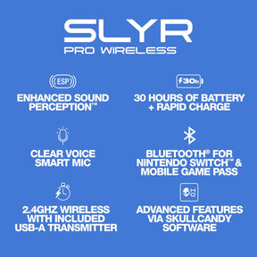 Skullcandy SLYR Pro Wireless Multi-Platform Gaming Headset Low Latency USB-A Transmitter Bluetooth