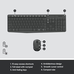 Logitech MK235 Full-Sized, 15 FN Keys, 3-Year Battery Life Combo Mouse and Wireless Laptop Keyboard